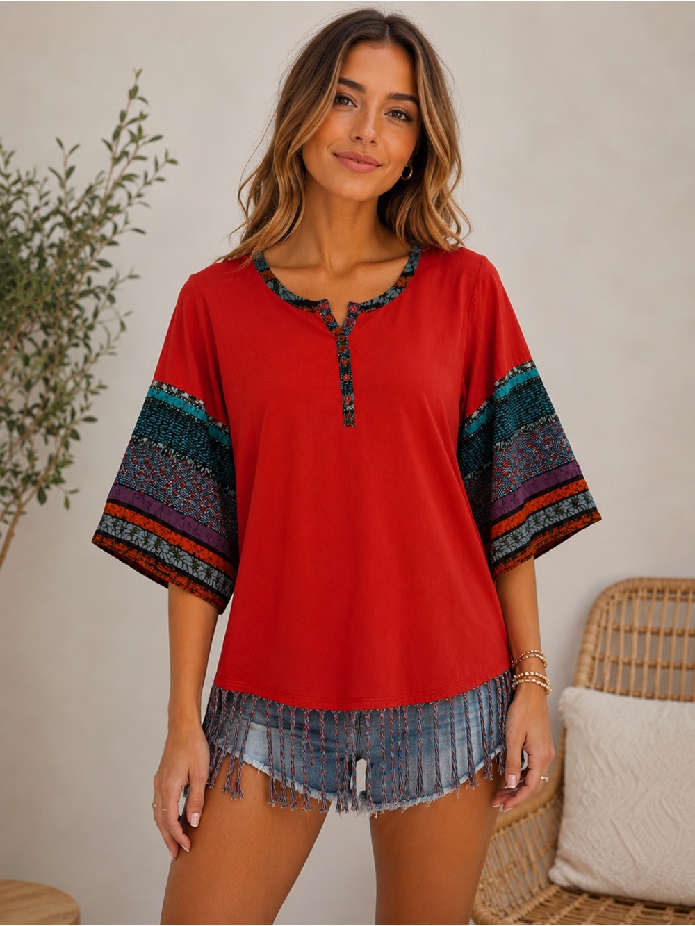 Maria Rerio Boho Fringe Tunic Top Size Large Red‎ Mixed Print Bell Sleeve